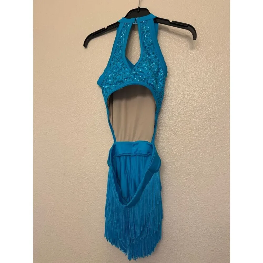 Weissman Elite Dance solo costume teal aqua Fringe Can You Do This D12439 XSA